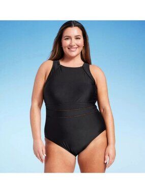 WOMEN’S HIGH NECK MEDIUM COVERAGE ONE PIECE SWIMSUIT  SHADE & SHORE BLACK 22
